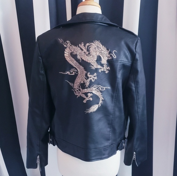 Dragon Embroidered Super Soft Vegan Leather Jacket - Picture 6 of 8